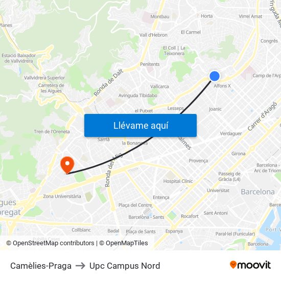 Camèlies-Praga to Upc Campus Nord map