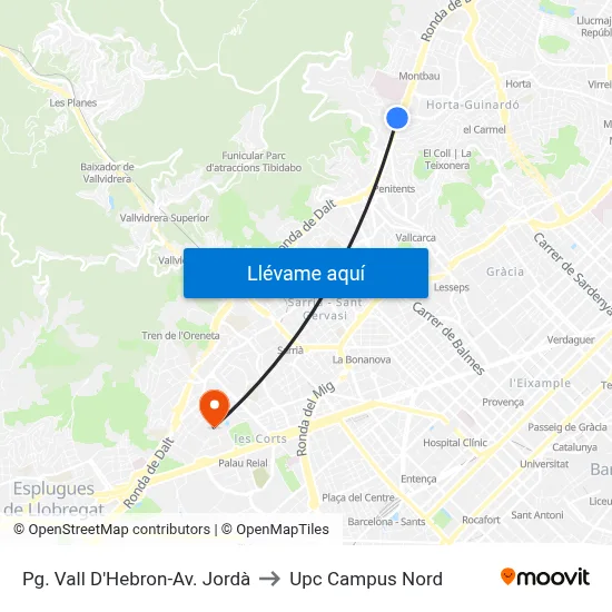 Pg. Vall D'Hebron-Av. Jordà to Upc Campus Nord map