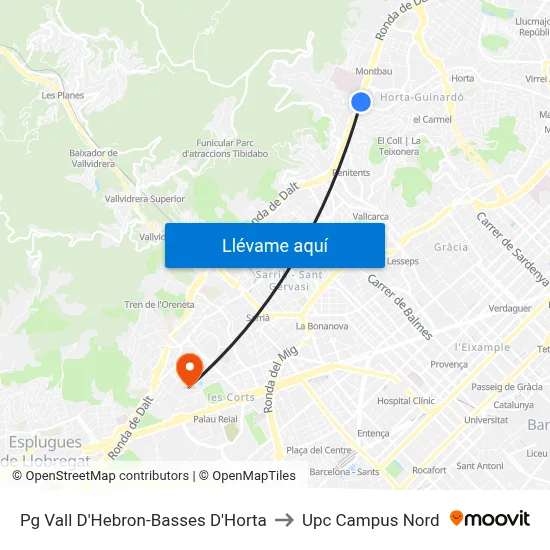 Pg Vall D'Hebron-Basses D'Horta to Upc Campus Nord map
