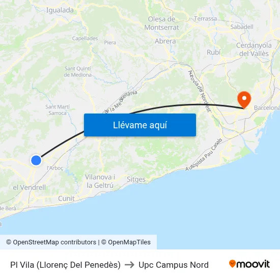 Pl Vila (Llorenç Del Penedès) to Upc Campus Nord map