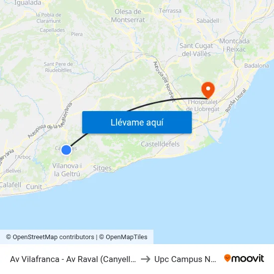 Av Vilafranca - Av Raval (Canyelles) to Upc Campus Nord map