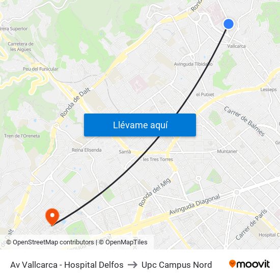 Av Vallcarca - Hospital Delfos to Upc Campus Nord map
