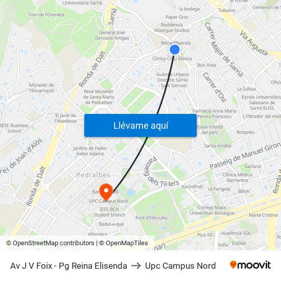 Av J V Foix - Pg Reina Elisenda to Upc Campus Nord map