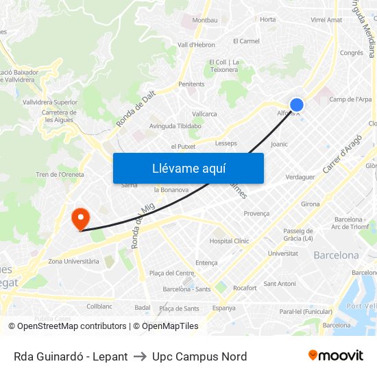 Rda Guinardó - Lepant to Upc Campus Nord map