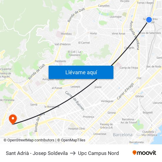 Sant Adrià - Josep Soldevila to Upc Campus Nord map