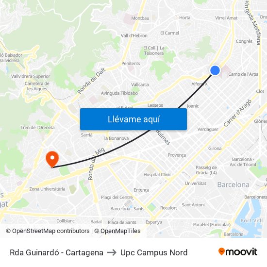 Rda Guinardó - Cartagena to Upc Campus Nord map