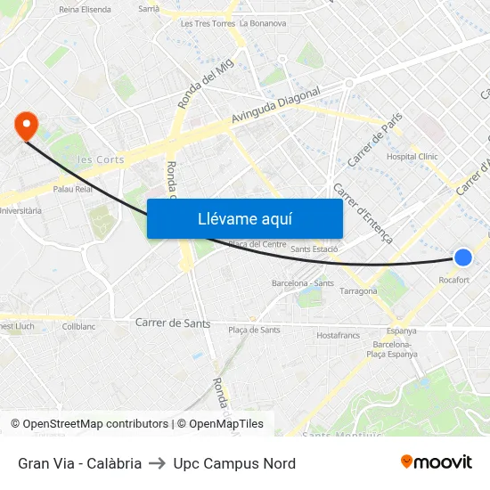Gran Via - Calàbria to Upc Campus Nord map