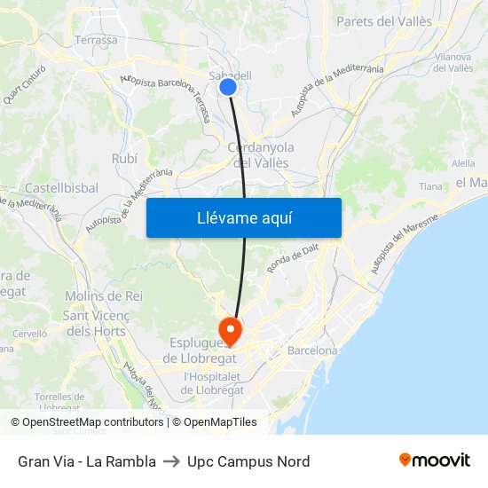 Gran Via - La Rambla to Upc Campus Nord map