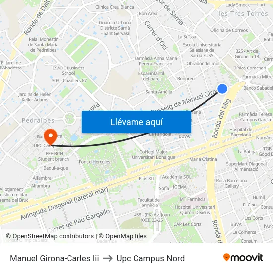 Manuel Girona-Carles Iii to Upc Campus Nord map