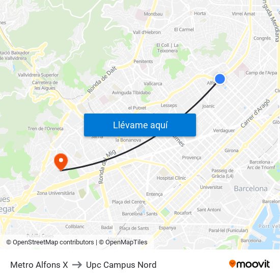 Metro Alfons X to Upc Campus Nord map