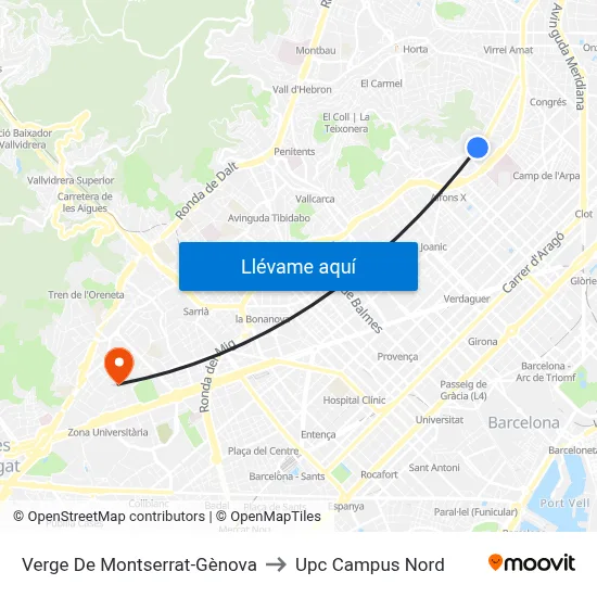Verge De Montserrat-Gènova to Upc Campus Nord map