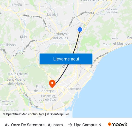 Av. Onze De Setembre - Ajuntament to Upc Campus Nord map