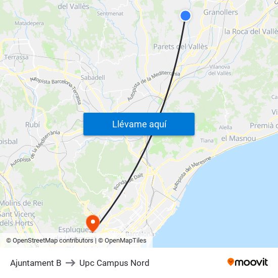 Ajuntament B to Upc Campus Nord map