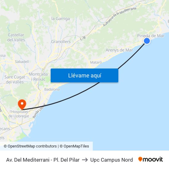 Av. Del Mediterrani - Pl. Del Pilar to Upc Campus Nord map
