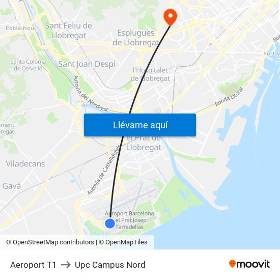 Aeroport T1 to Upc Campus Nord map