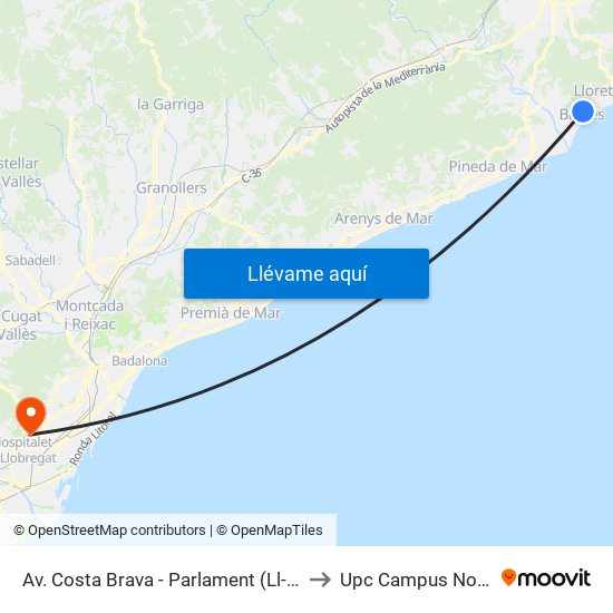 Av. Costa Brava - Parlament (Ll-B) to Upc Campus Nord map