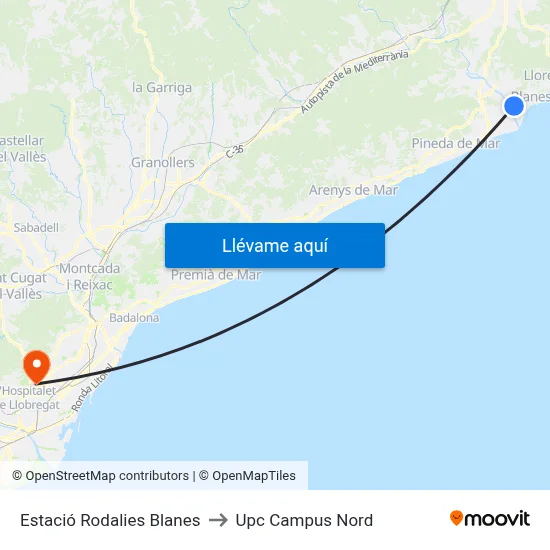 Estació Rodalies Blanes to Upc Campus Nord map
