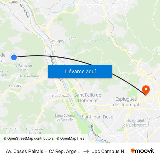 Av. Cases Pairals – C/ Rep. Argentina to Upc Campus Nord map