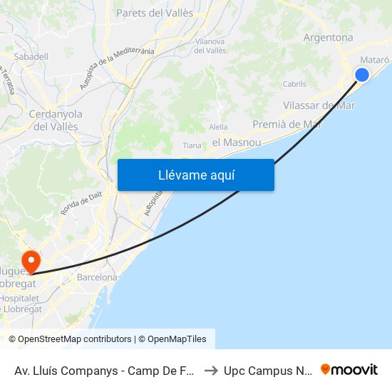 Av. Lluís Companys - Camp De Fútbol to Upc Campus Nord map