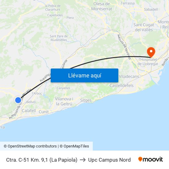 Ctra. C-51 Km. 9,1 (La Papiola) to Upc Campus Nord map