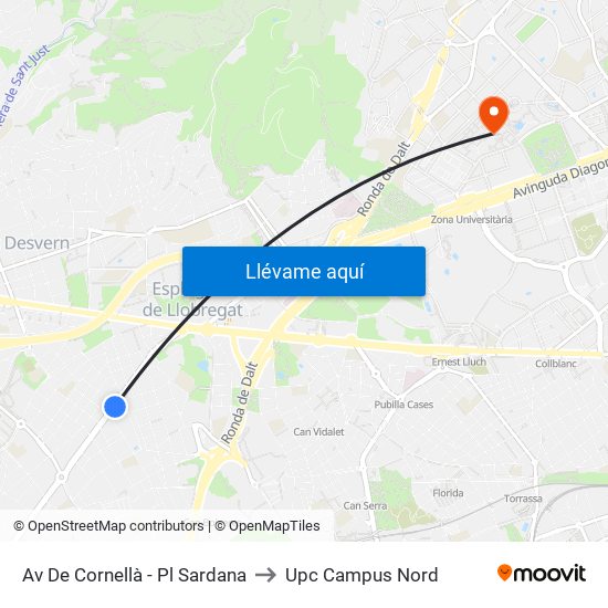 Av De Cornellà - Pl Sardana to Upc Campus Nord map