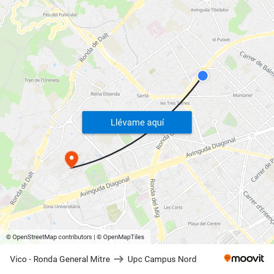 Vico - Ronda General Mitre to Upc Campus Nord map