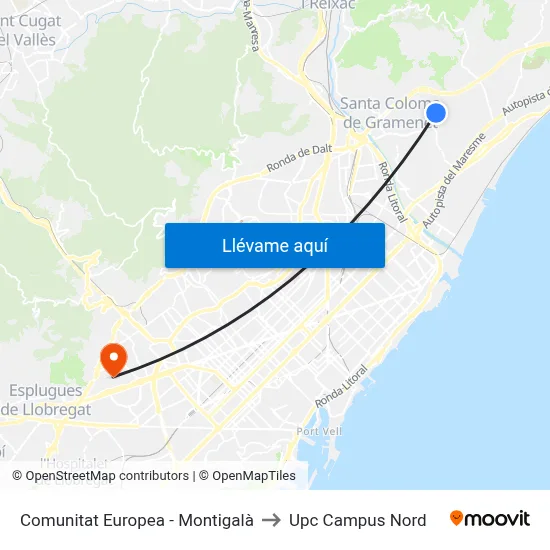 Comunitat Europea - Montigalà to Upc Campus Nord map