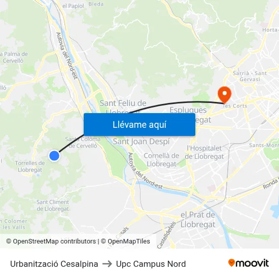 Urbanització Cesalpina to Upc Campus Nord map