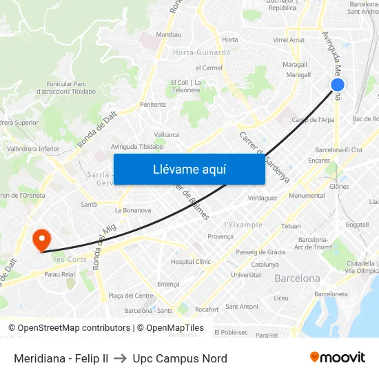 Meridiana - Felip Il to Upc Campus Nord map