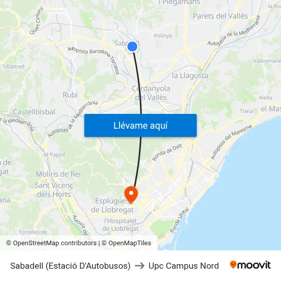 Sabadell (Estació D'Autobusos) to Upc Campus Nord map