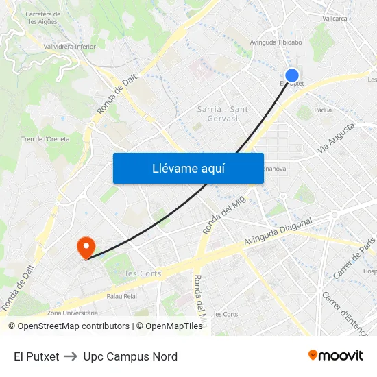 El Putxet to Upc Campus Nord map