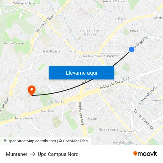 Muntaner to Upc Campus Nord map