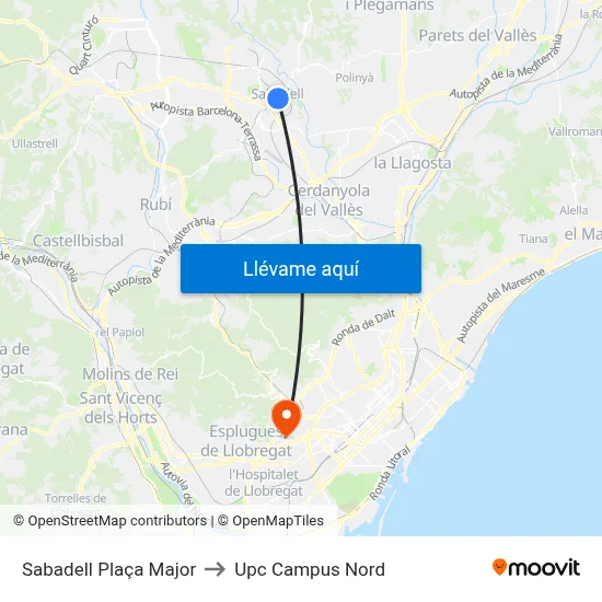 Sabadell Plaça Major to Upc Campus Nord map