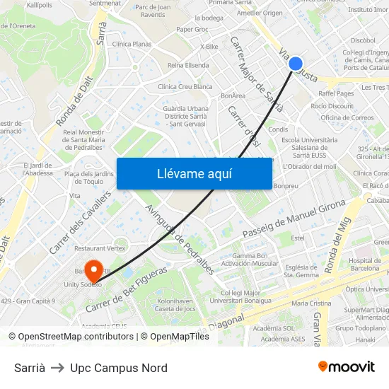 Sarrià to Upc Campus Nord map