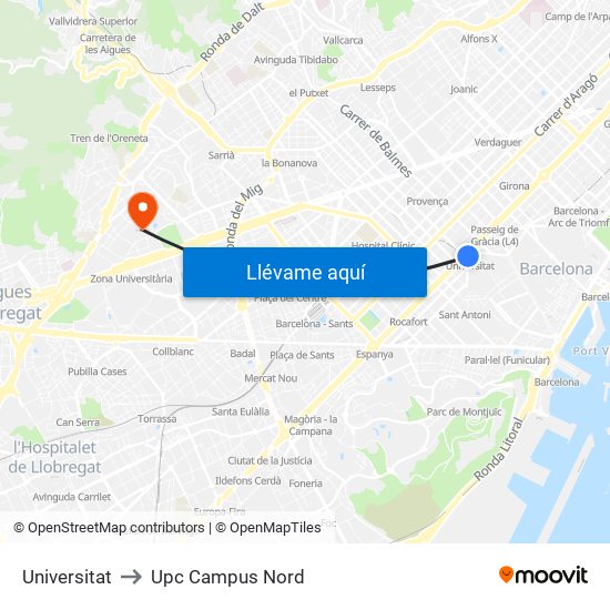 Universitat to Upc Campus Nord map