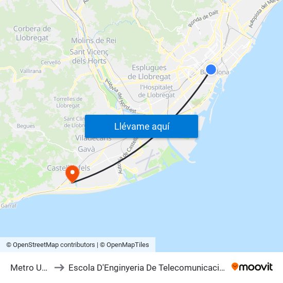 Metro Urquinaona to Escola D'Enginyeria De Telecomunicació I Aeroespacial De Castelldefels map