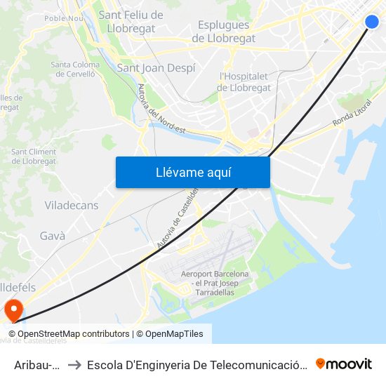 Aribau-Gran Via to Escola D'Enginyeria De Telecomunicació I Aeroespacial De Castelldefels map