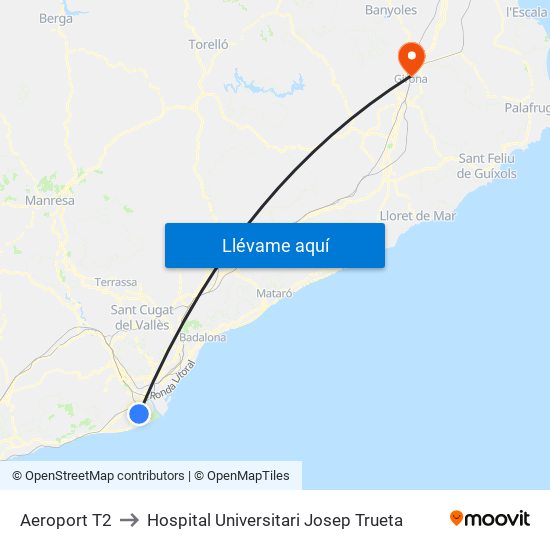 Aeroport T2 to Hospital Universitari Josep Trueta map