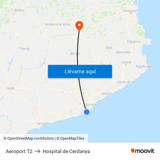 Aeroport T2 to Hospital de Cerdanya map