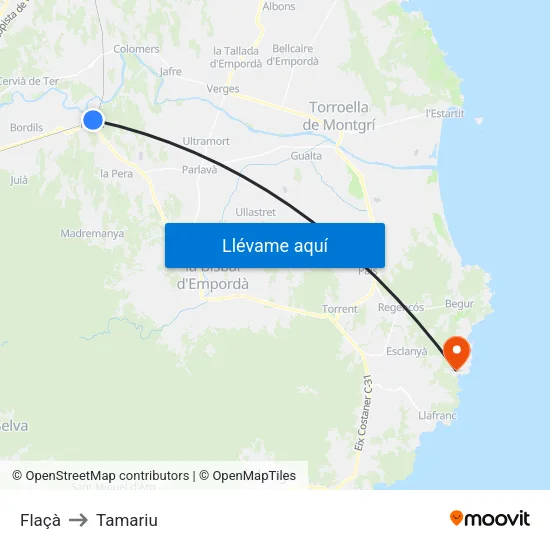 Flaçà to Tamariu map