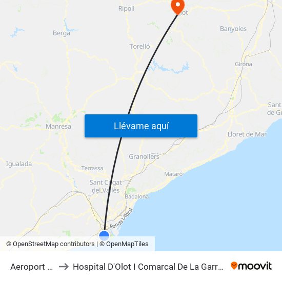 Aeroport T2 to Hospital D'Olot I Comarcal De La Garrotxa map