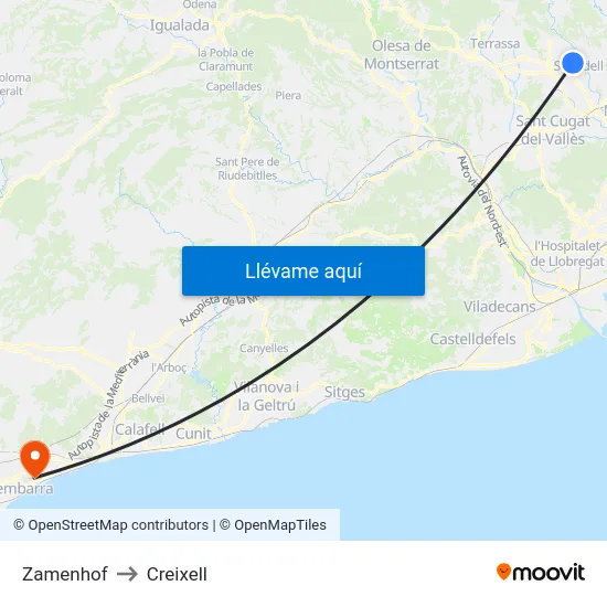 Zamenhof to Creixell map
