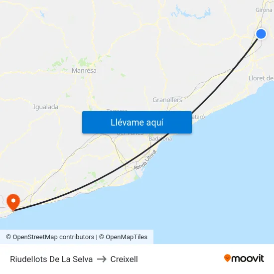 Riudellots De La Selva to Creixell map
