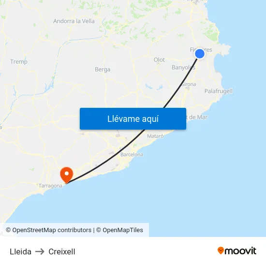 Lleida to Creixell map