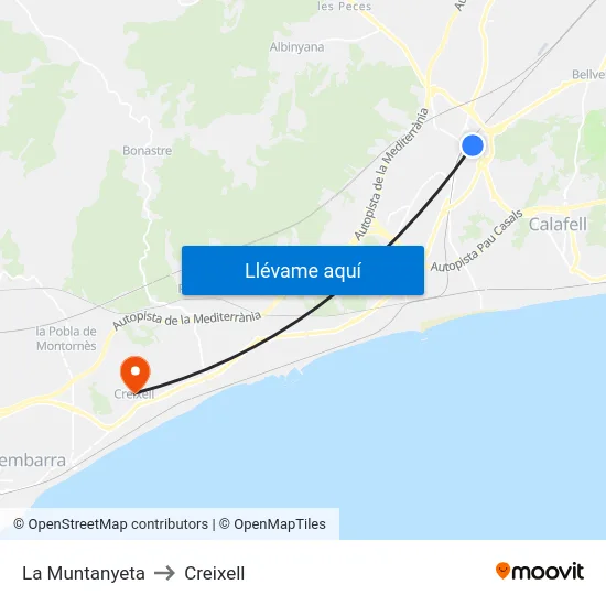 La Muntanyeta to Creixell map