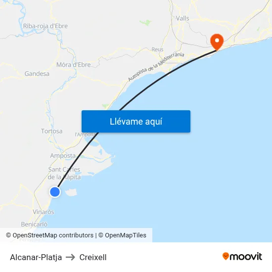 Alcanar-Platja to Creixell map