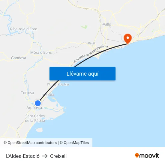 L'Aldea-Estació to Creixell map