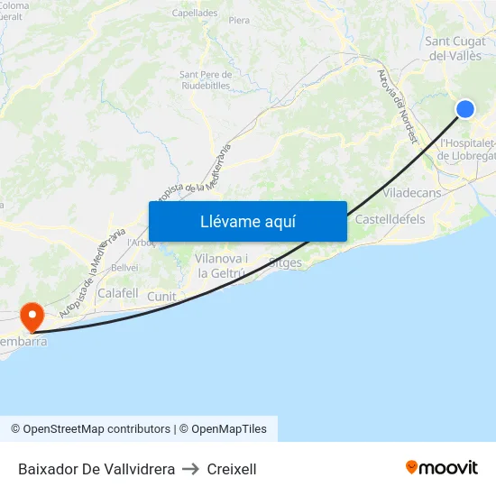 Baixador De Vallvidrera to Creixell map