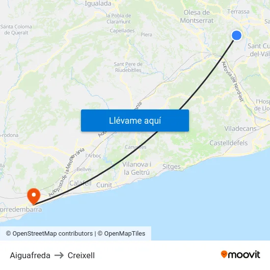 Aiguafreda to Creixell map