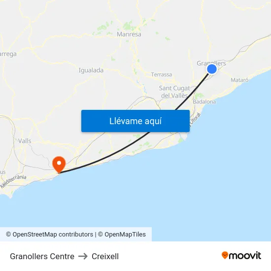 Granollers Centre to Creixell map